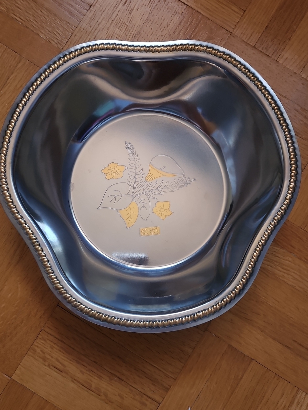 Stanless Steele Silver and Gold Floral Accent Serving Bowl